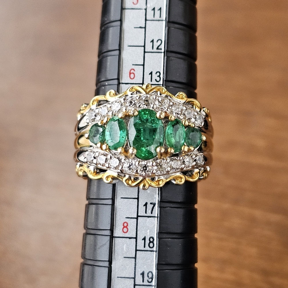 Gems En Vogue Emerald & Zircon Ring Palladium Sterling Silver & 24k Size 7! - Picture 6 of 8